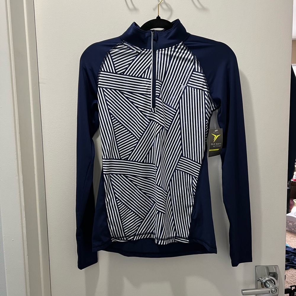Navy and White Geometric Long Sleeve 1/4 zip